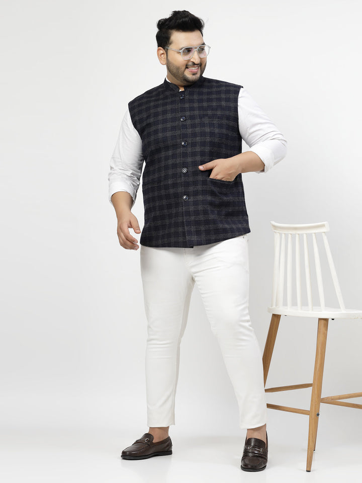 Plus Size Men Blue Checked Waistcoat