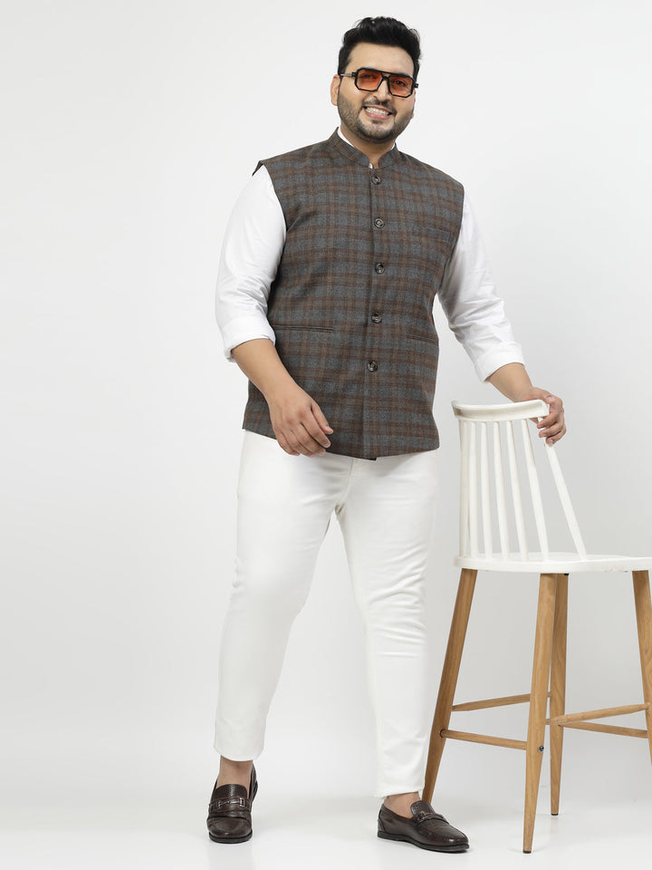 Plus Size Men Brown Checked Waistcoat