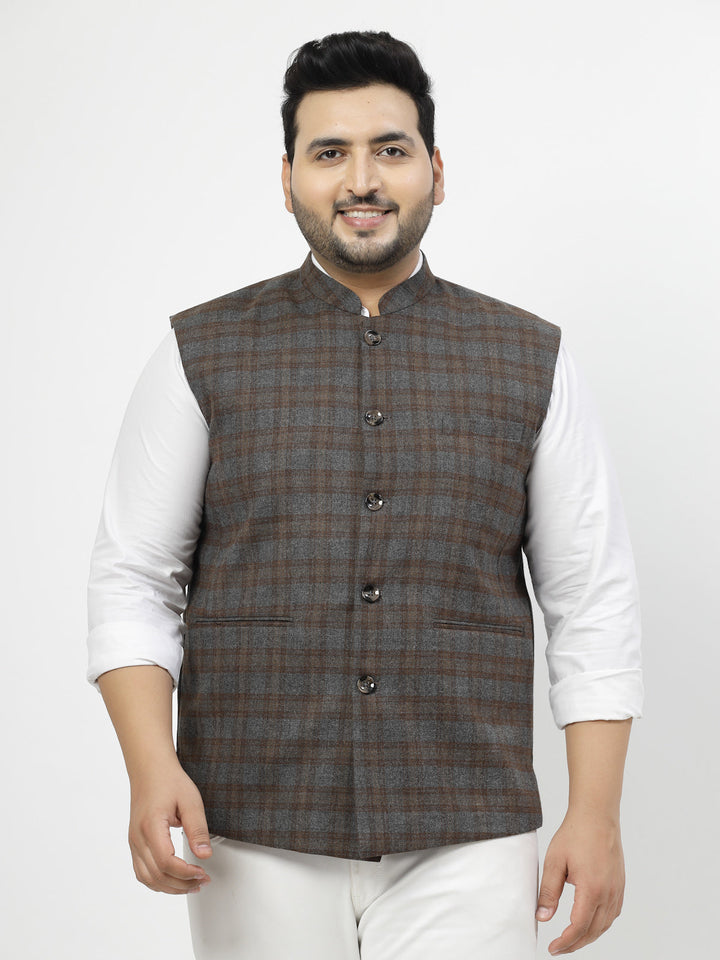 Plus Size Men Brown Checked Waistcoat