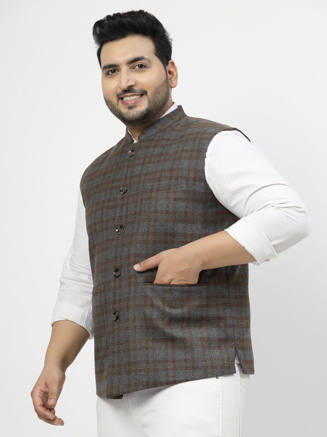 Plus Size Men Brown Checked Waistcoat