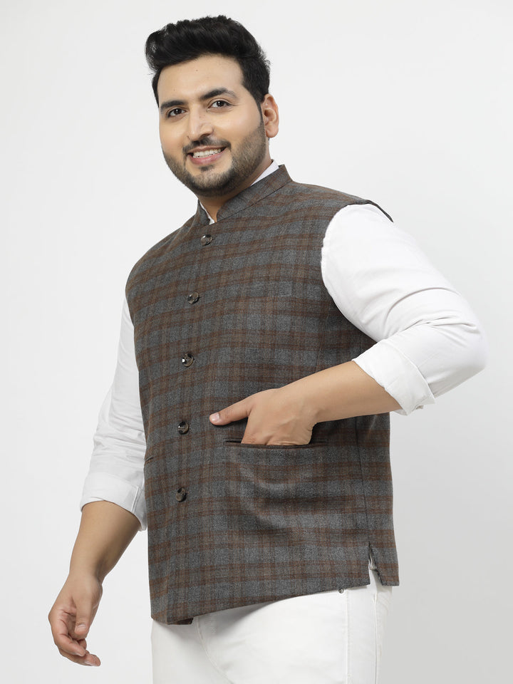 Plus Size Men Brown Checked Waistcoat