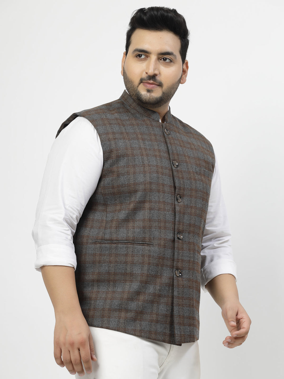 Plus Size Men Brown Checked Waistcoat