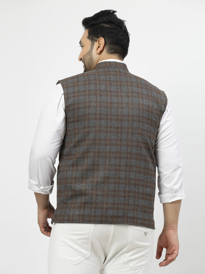 Plus Size Men Brown Checked Waistcoat
