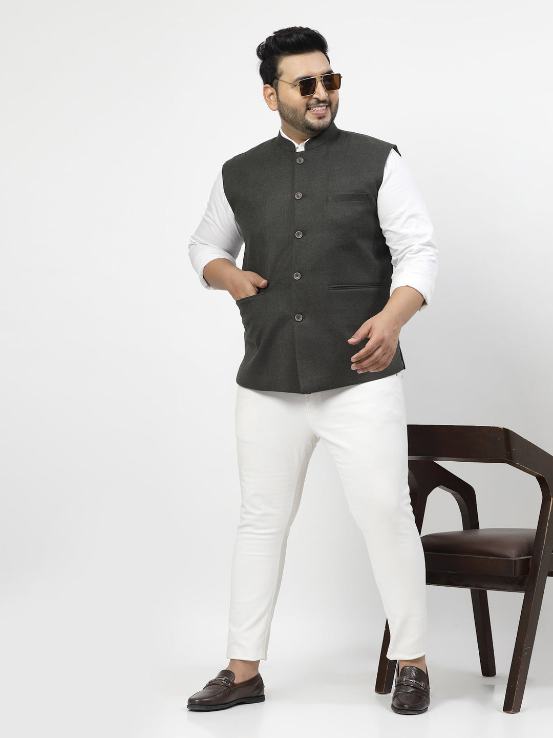 Plus Size Mandarin Collar Woven Nehru Jacket