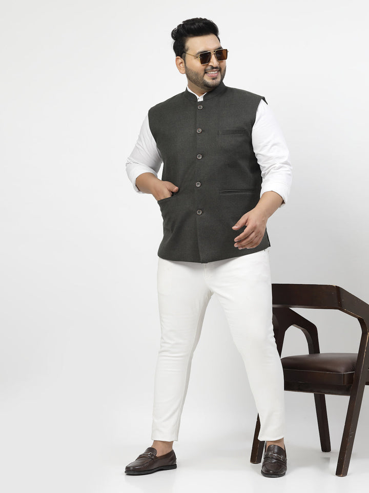 Plus Size Mandarin Collar Woven Nehru Jacket