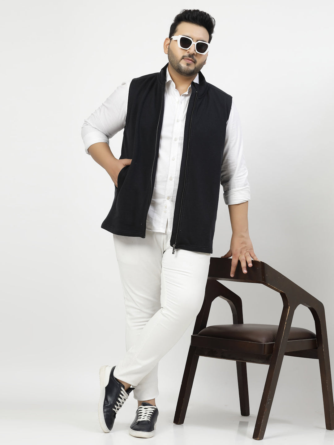 Plus Size Men Geometric Striped Fleece Longline Tailored Jacket