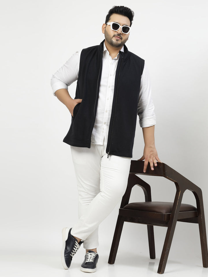 Plus Size Men Geometric Striped Fleece Longline Tailored Jacket