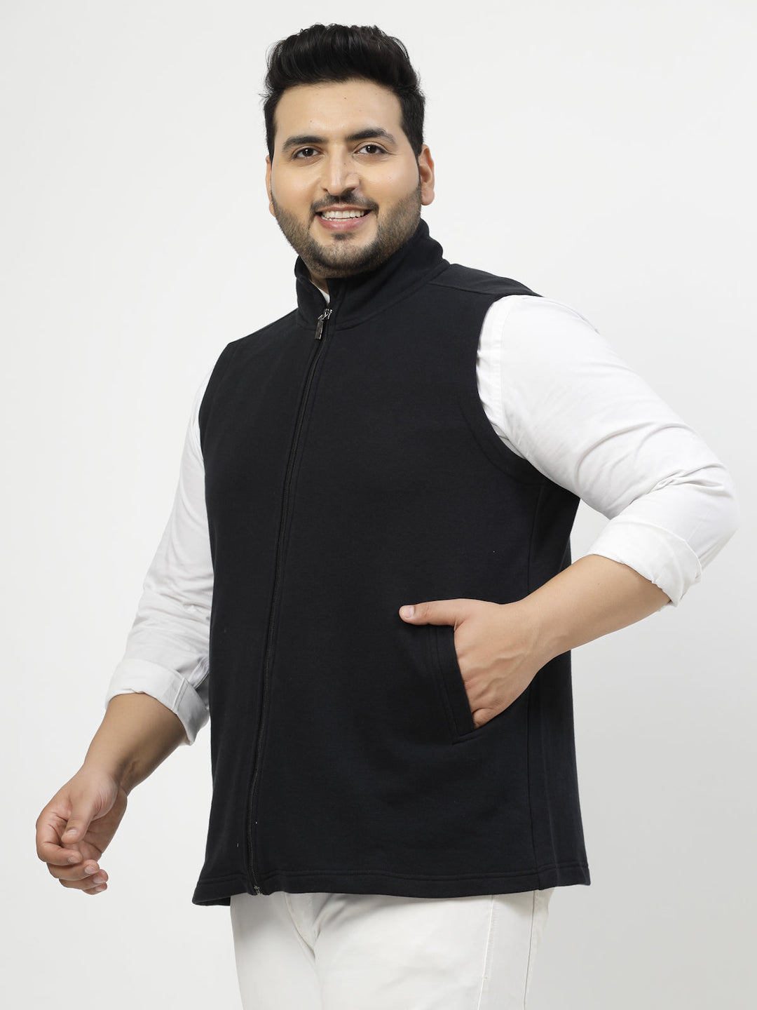 Plus Size Men Geometric Striped Fleece Longline Tailored Jacket