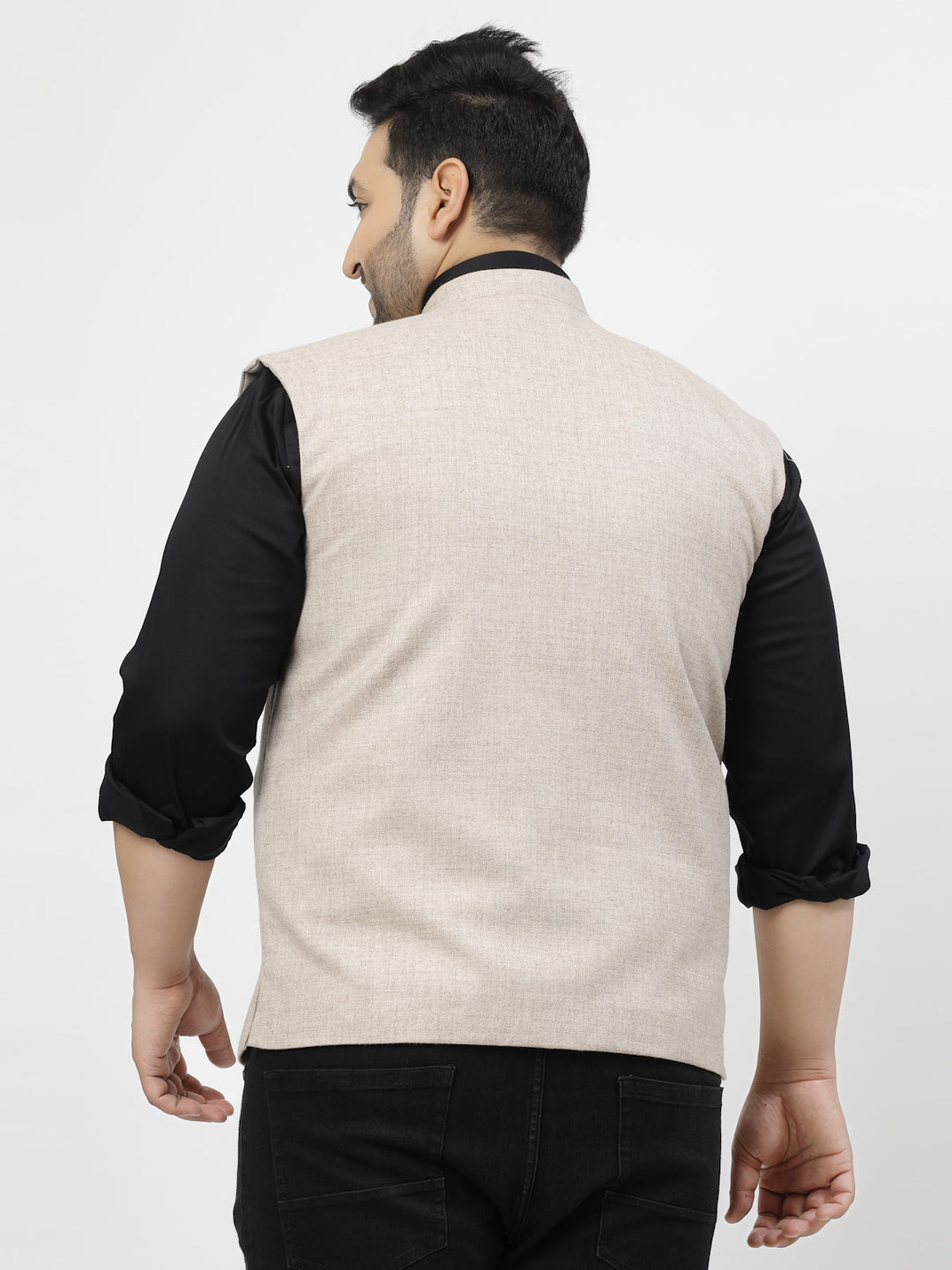 Plus Size Mandarin Collar Woven Nehru Jacket