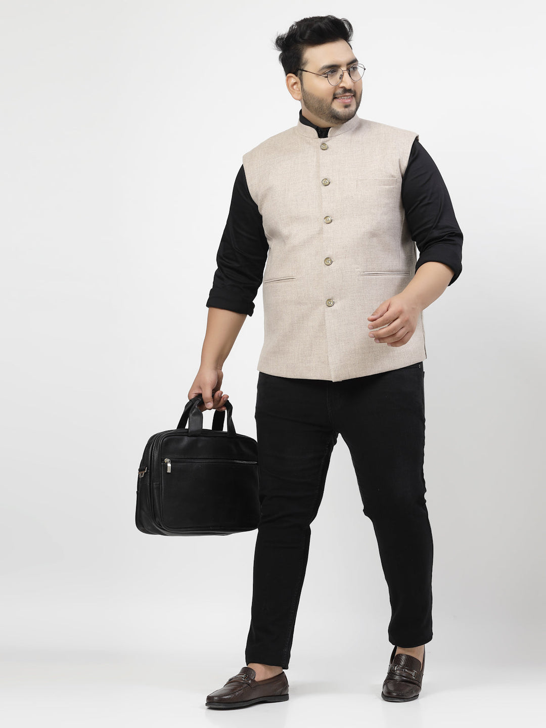 Plus Size Mandarin Collar Woven Nehru Jacket