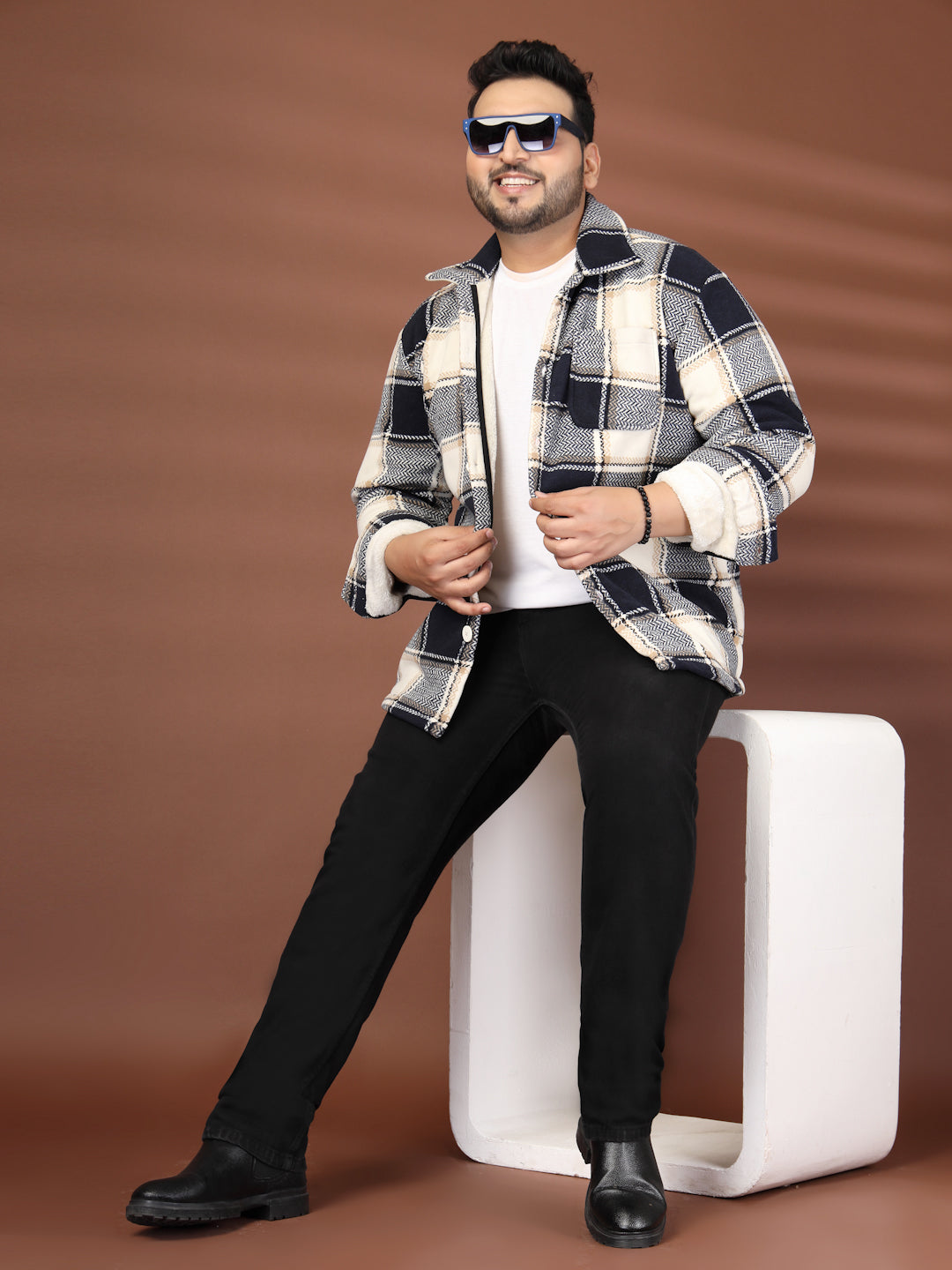 Plus Size Spread Collar Checked Tailored Jacket