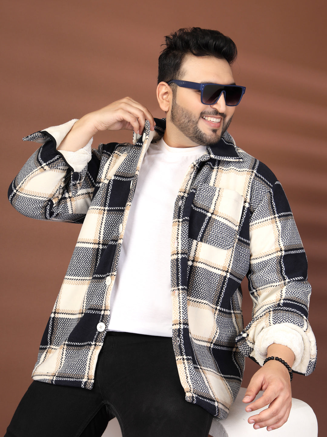 Plus Size Spread Collar Checked Tailored Jacket