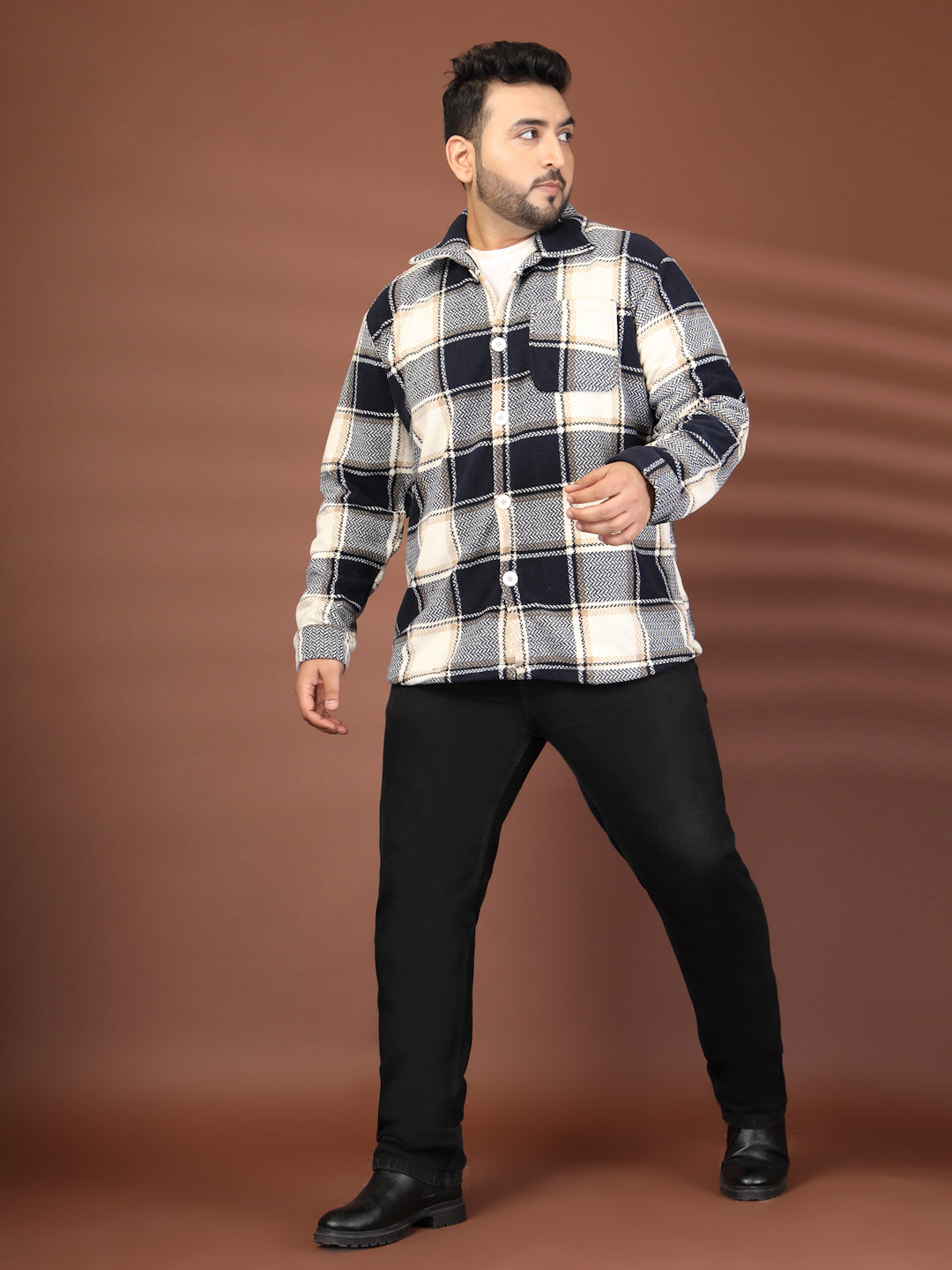 Plus Size Spread Collar Checked Tailored Jacket