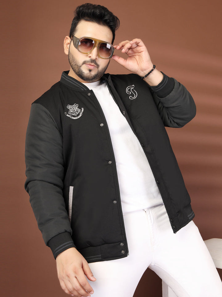 Plus Size Men Stand Collar Graphic Printed Varsity Jacket