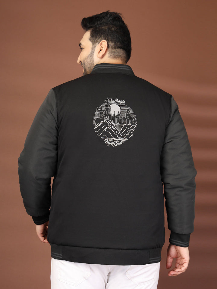 Plus Size Men Stand Collar Graphic Printed Varsity Jacket