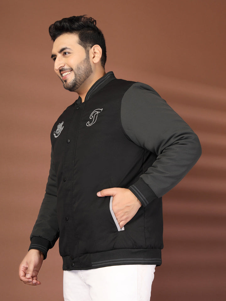Plus Size Men Stand Collar Graphic Printed Varsity Jacket