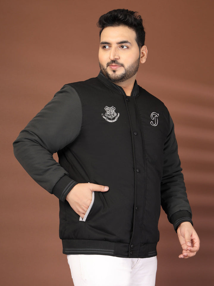Plus Size Men Stand Collar Graphic Printed Varsity Jacket