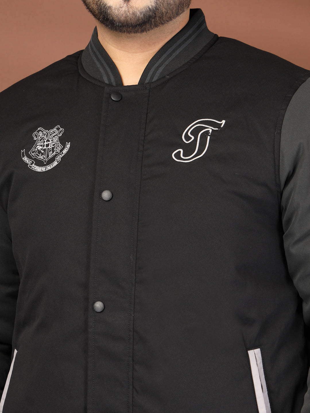 Plus Size Men Stand Collar Graphic Printed Varsity Jacket