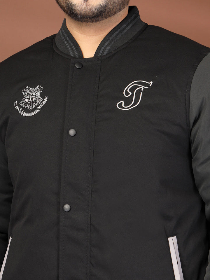 Plus Size Men Stand Collar Graphic Printed Varsity Jacket