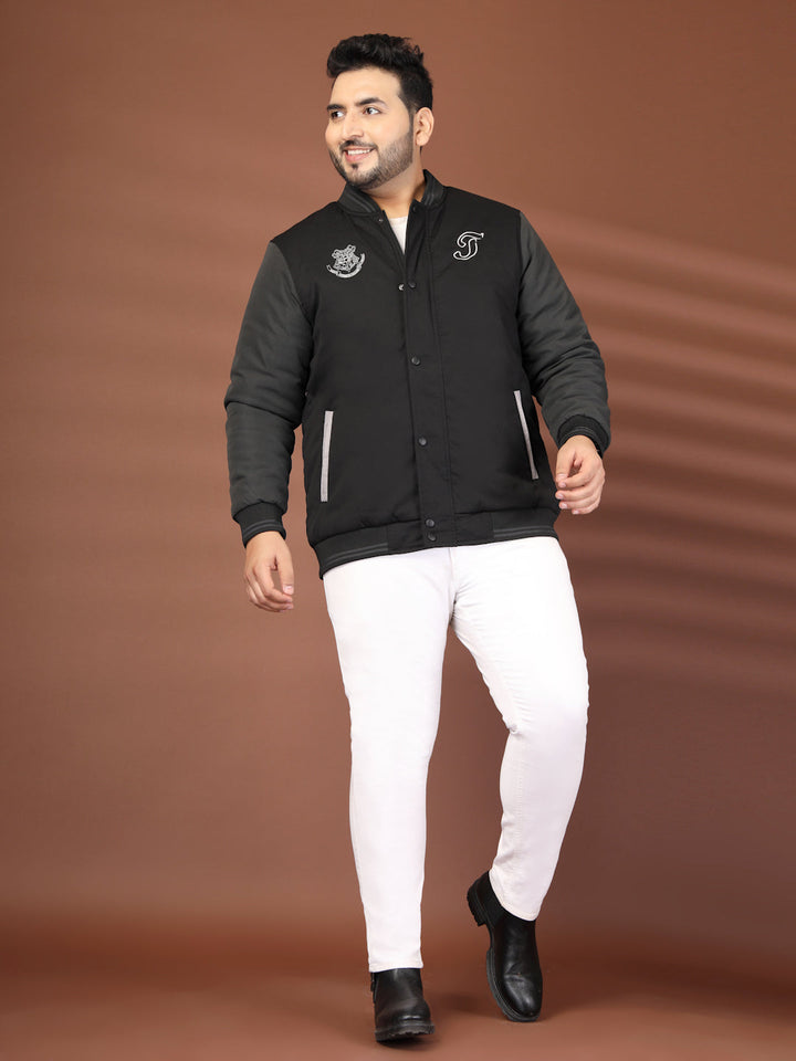 Plus Size Men Stand Collar Graphic Printed Varsity Jacket