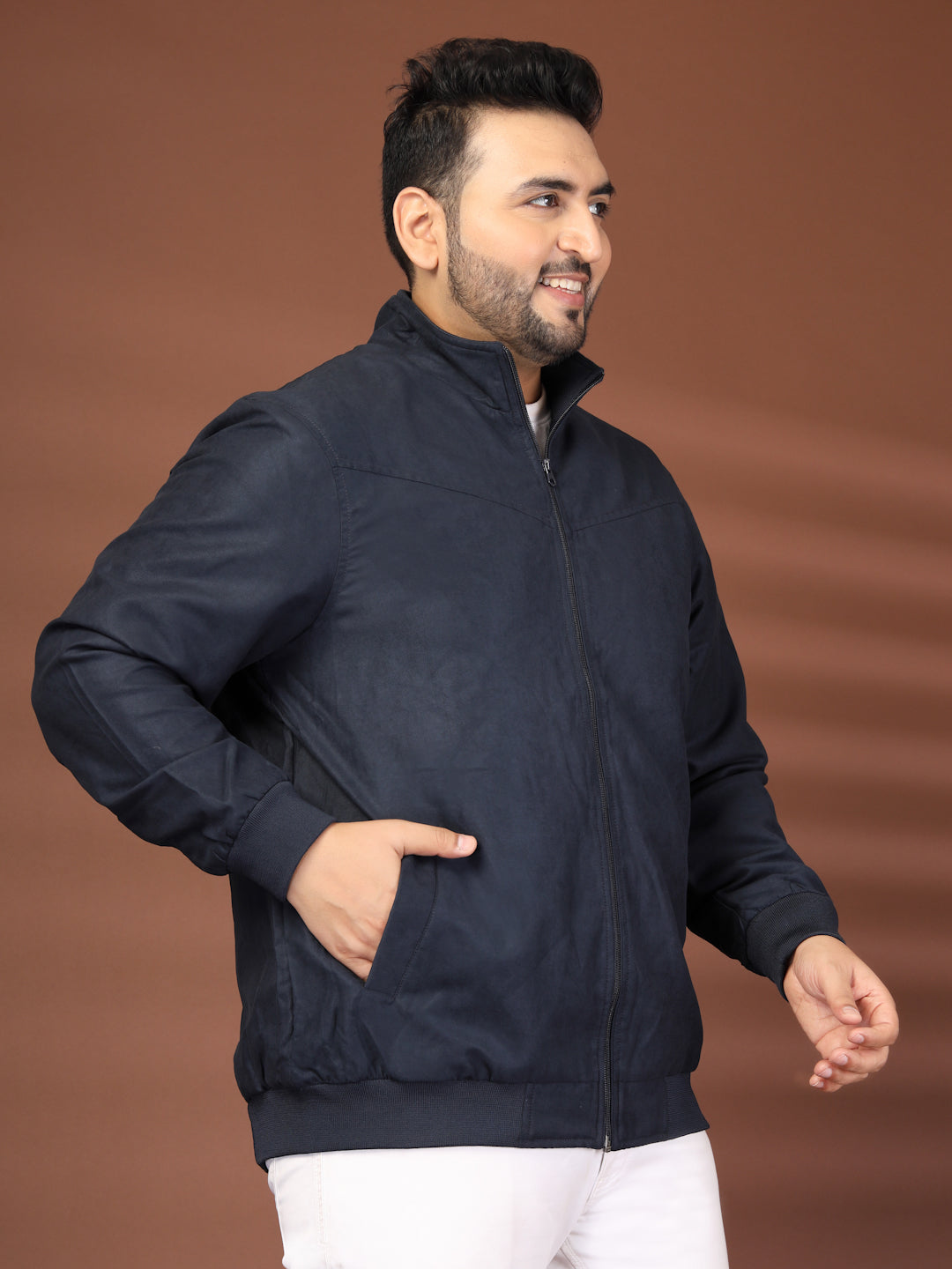 Plus Size Mock Collar Solid Bomber Jacket
