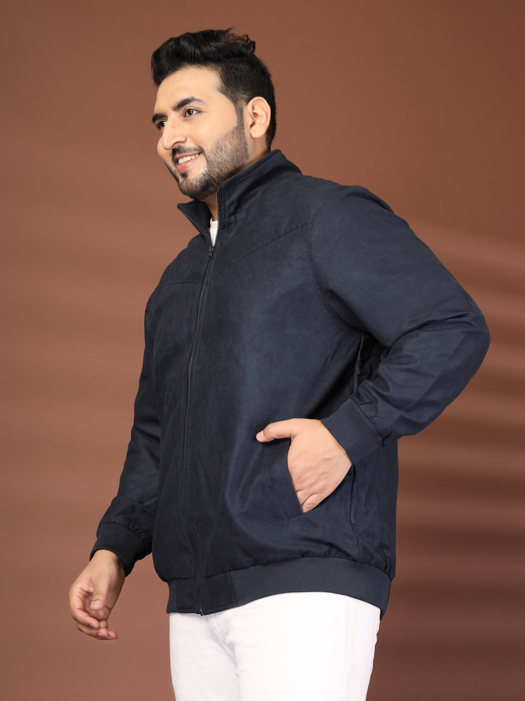 Plus Size Mock Collar Solid Bomber Jacket