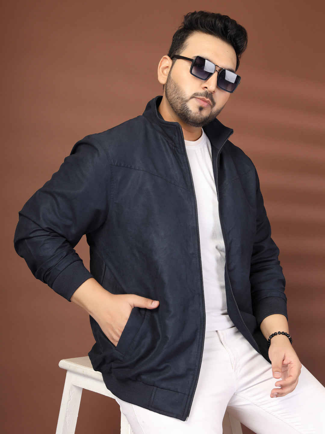 Plus Size Mock Collar Solid Bomber Jacket