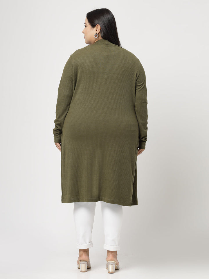 Plus Size Olive Green Cotton Open Front Longline Shrug