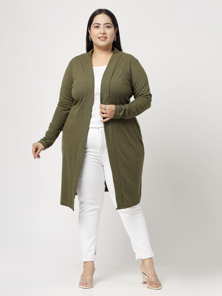 Plus Size Olive Green Cotton Open Front Longline Shrug