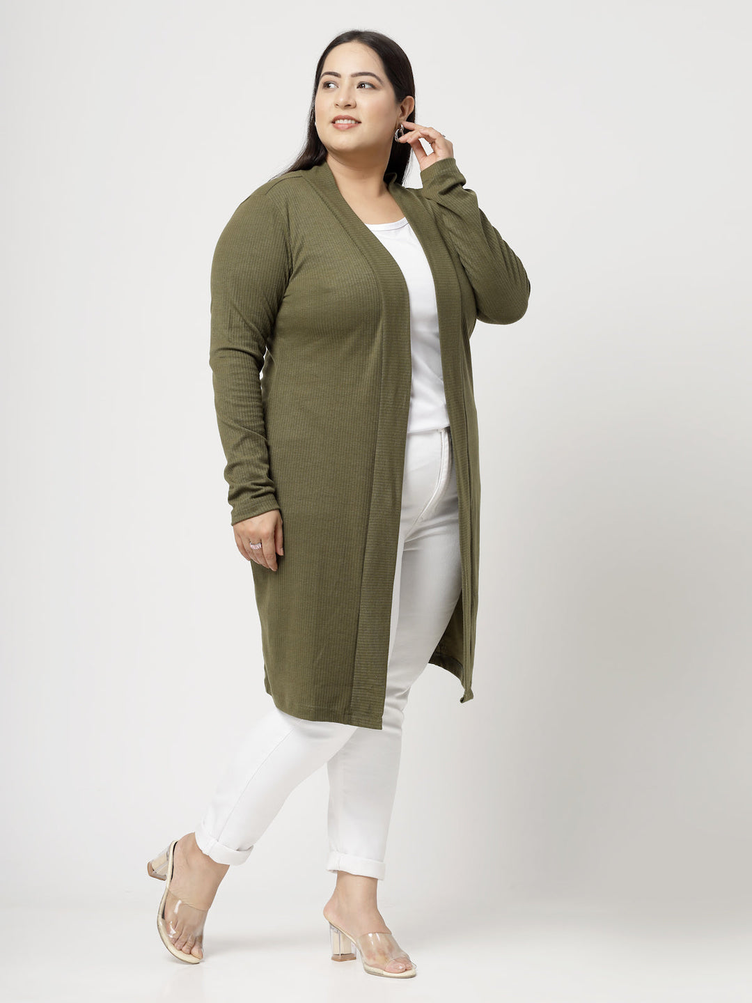 Plus Size Olive Green Cotton Open Front Longline Shrug