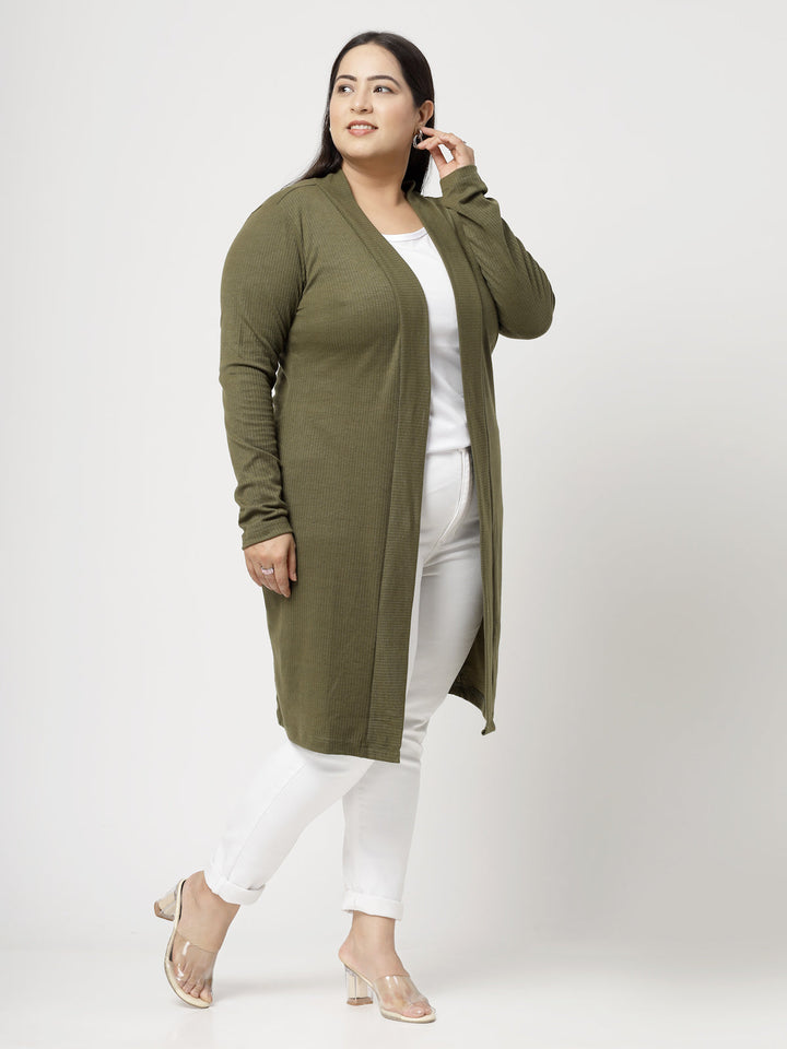 Plus Size Olive Green Cotton Open Front Longline Shrug
