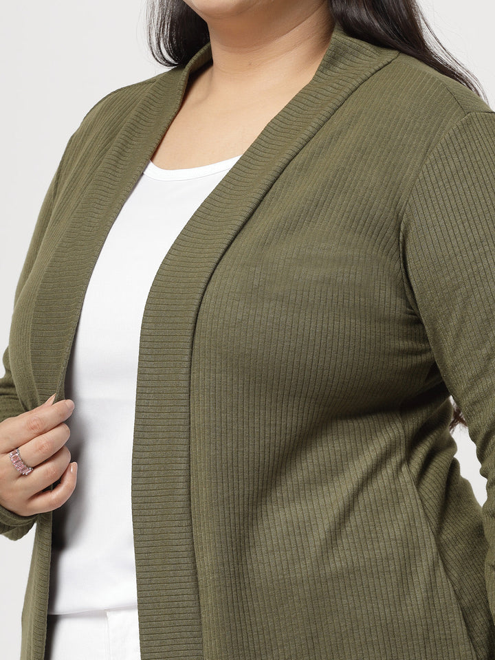 Plus Size Olive Green Cotton Open Front Longline Shrug