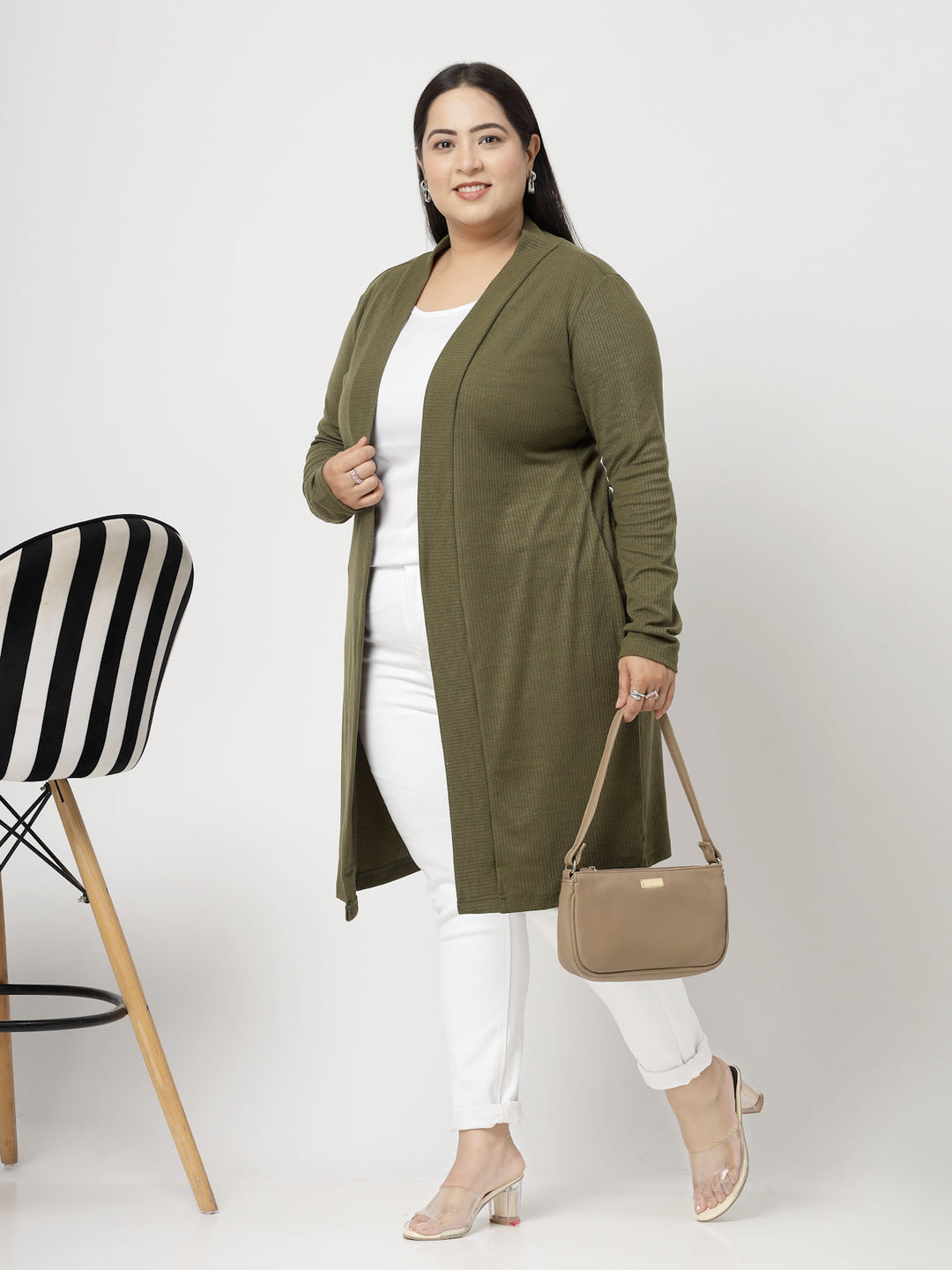 Plus Size Olive Green Cotton Open Front Longline Shrug