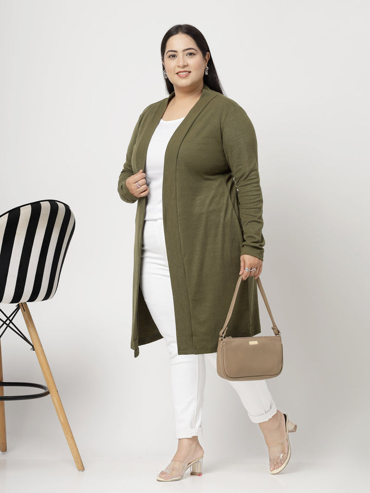 Plus Size Olive Green Cotton Open Front Longline Shrug