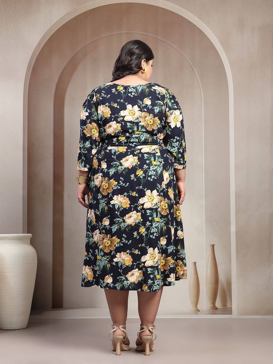 Plus Size Printed Puff Sleeve Fit and Flare Midi Dress