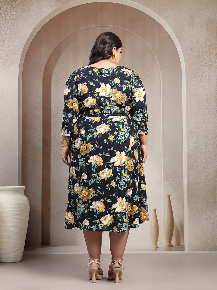 Plus Size Printed Puff Sleeve Fit and Flare Midi Dress