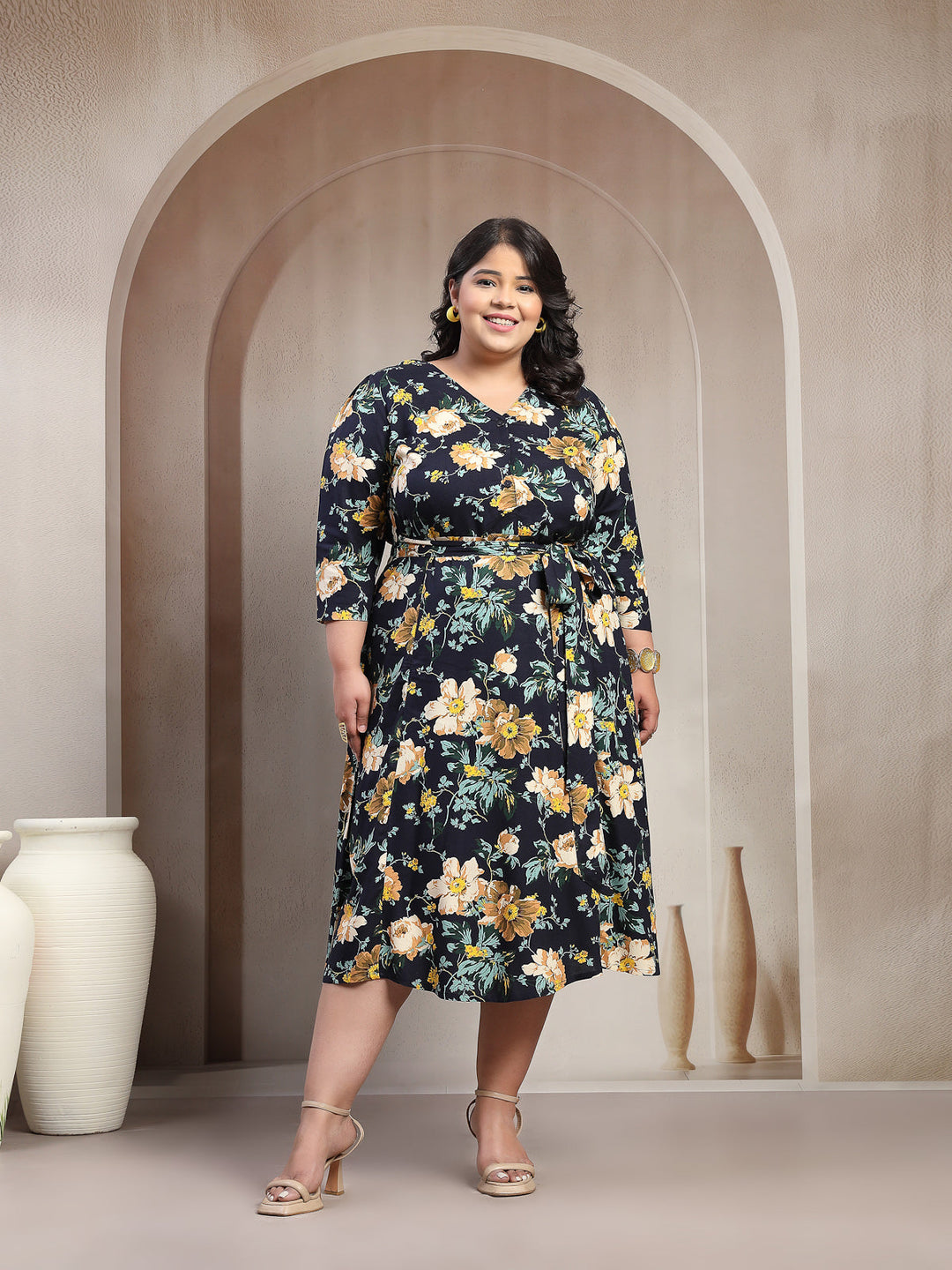Plus Size Printed Puff Sleeve Fit and Flare Midi Dress