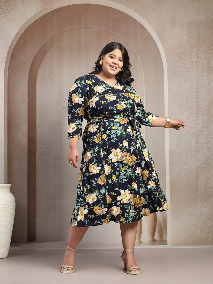 Plus Size Printed Puff Sleeve Fit and Flare Midi Dress