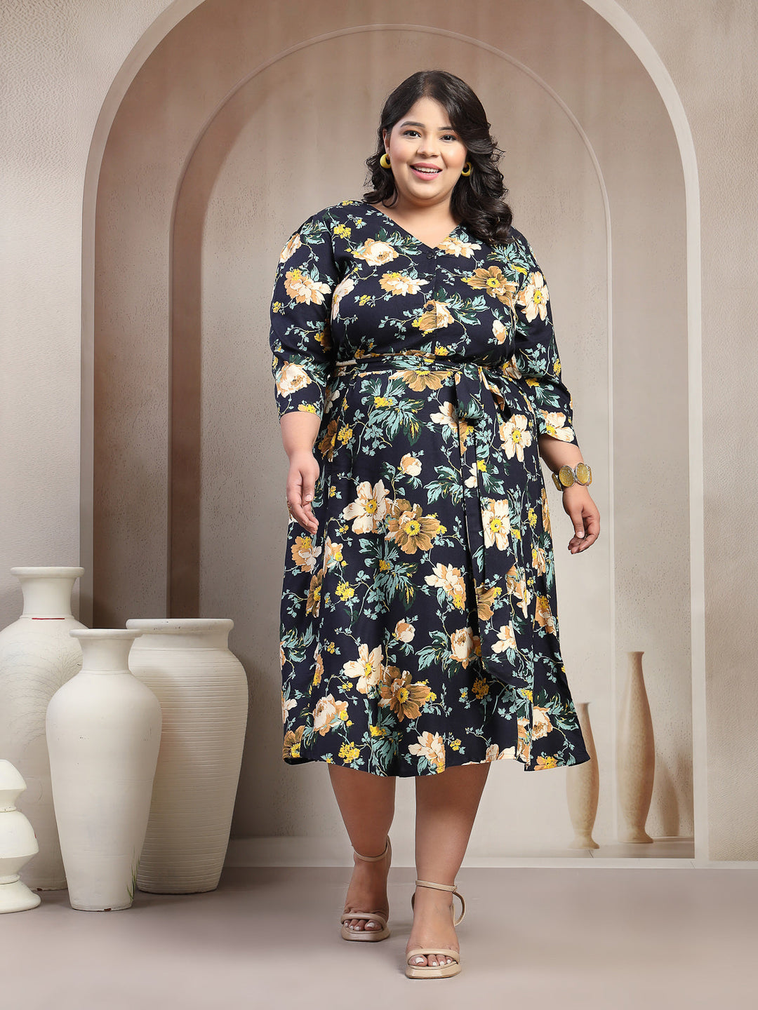 Plus Size Printed Puff Sleeve Fit and Flare Midi Dress