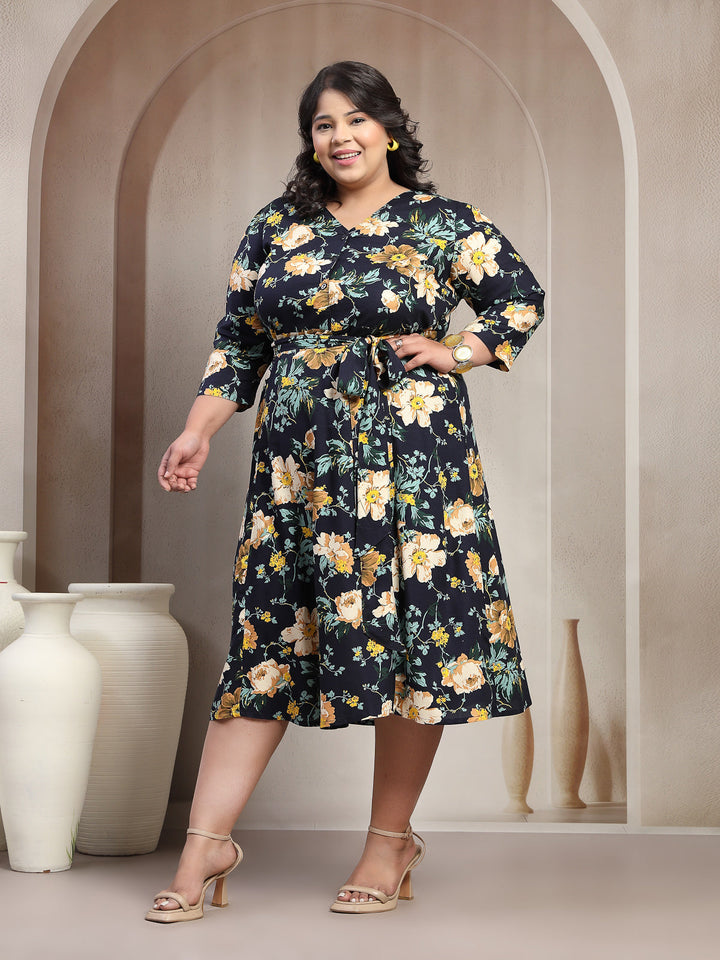 Plus Size Printed Puff Sleeve Fit and Flare Midi Dress