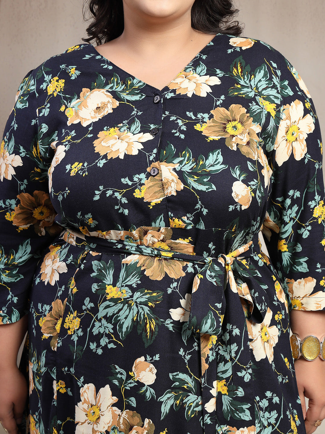 Plus Size Printed Puff Sleeve Fit and Flare Midi Dress