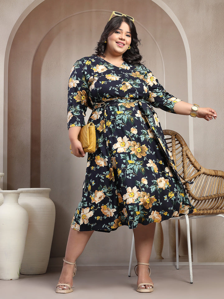 Plus Size Printed Puff Sleeve Fit and Flare Midi Dress