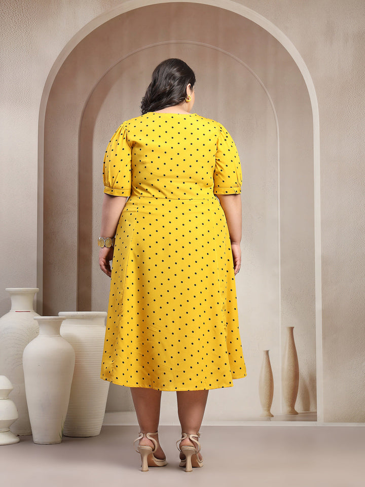Plus Size Yellow & Black  Floral Print Mandarin Collar Dress
