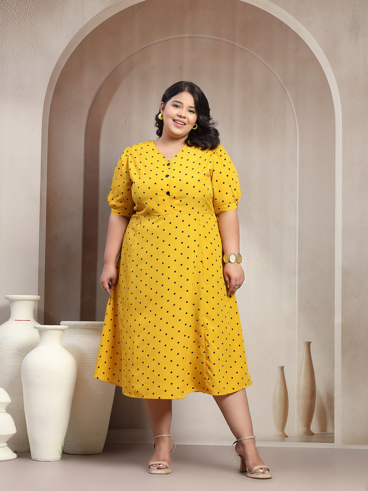 Plus Size Yellow & Black  Floral Print Mandarin Collar Dress