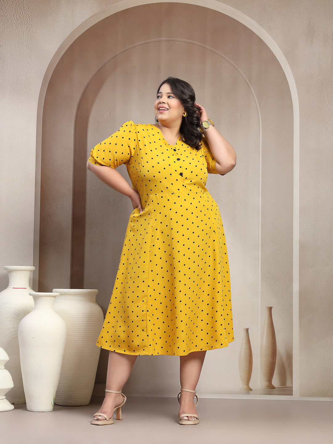 Plus Size Yellow & Black  Floral Print Mandarin Collar Dress