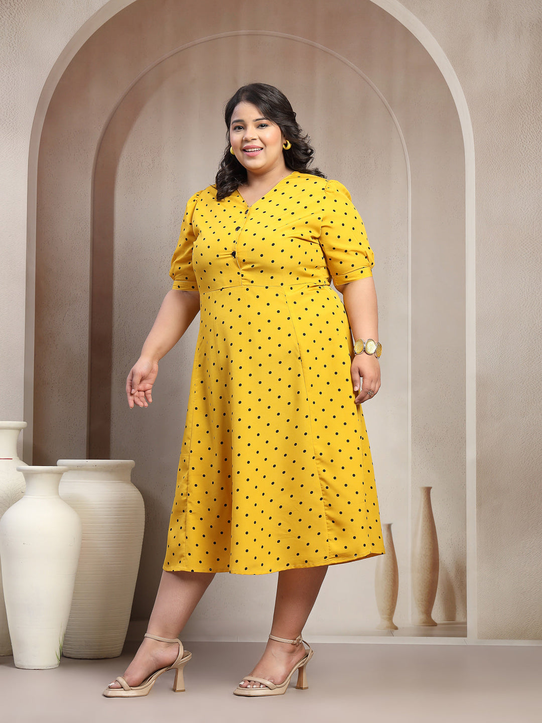 Plus Size Yellow & Black  Floral Print Mandarin Collar Dress