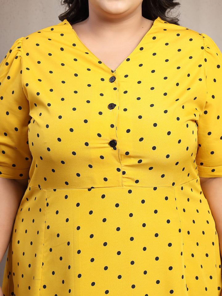Plus Size Yellow & Black  Floral Print Mandarin Collar Dress