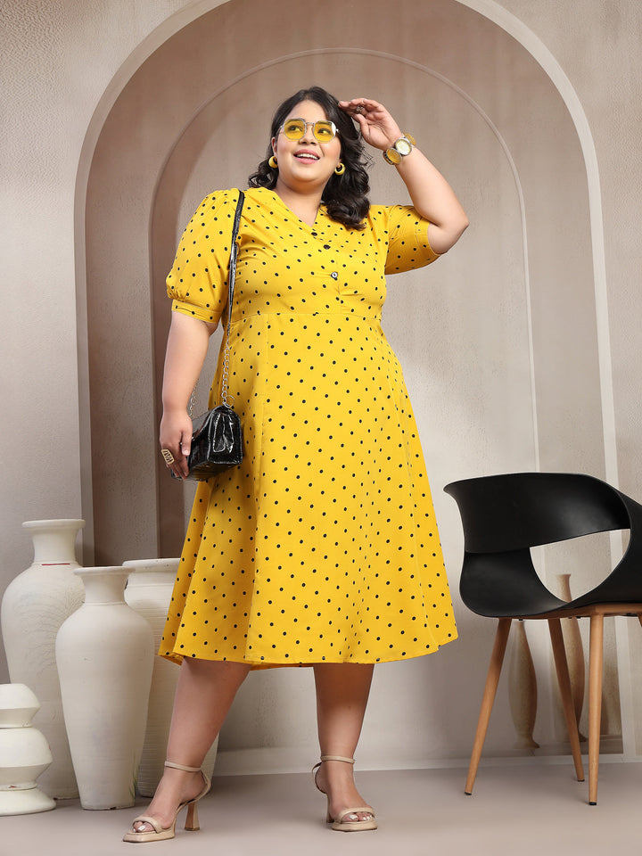 Plus Size Yellow & Black  Floral Print Mandarin Collar Dress