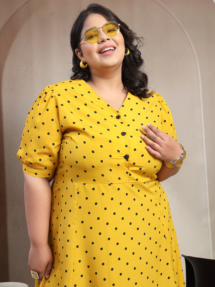 Plus Size Yellow & Black  Floral Print Mandarin Collar Dress
