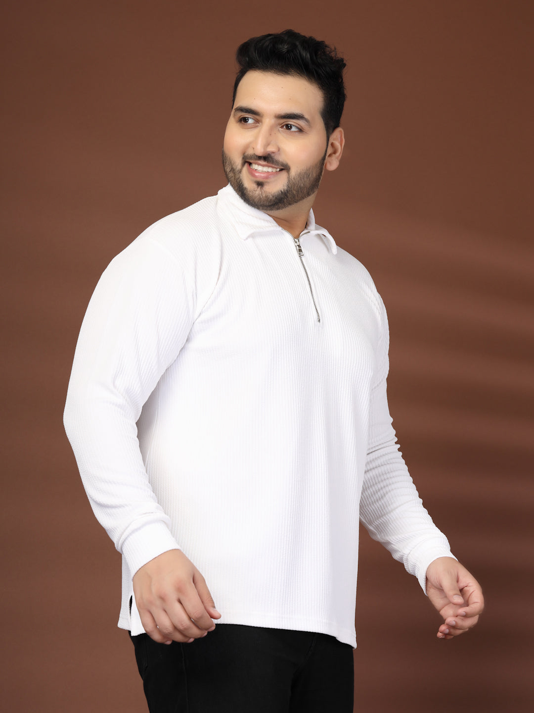 Plus Size Self Design Polo Collar Long Sleeves T-shirt